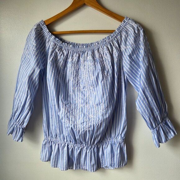 White House Black Market Tops - NWOT WHITE HOUSE BLACK MARKET STRIPED BOHO PEASANT EMBROIDERED COTTON TOP SIZE M